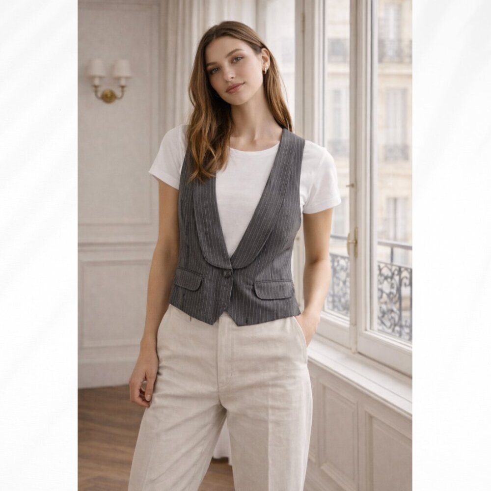 ☀️ LF MILLAU Gray Pinstripe Vest Wool XS/S Schoolgirl Preppy Cute Y2K Chic Boho
